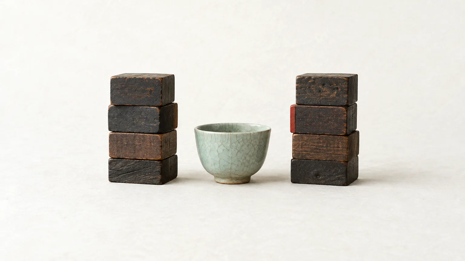 Two stacks of four dark wooden blocks with a pale celadon cup between them, one block edged in red