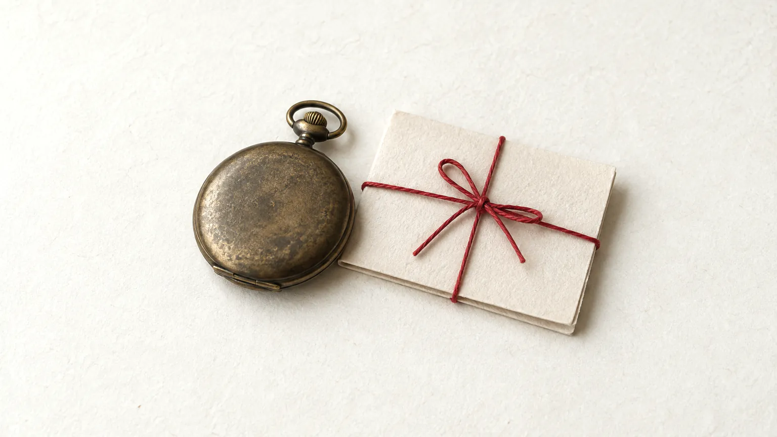 A closed bronze pocket watch lying face down beside a folded card tied with red thread