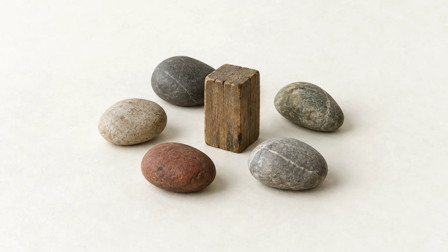 Five smooth river pebbles in muted tones, one tinted cinnabar, in a loose ring around a small upright wooden block