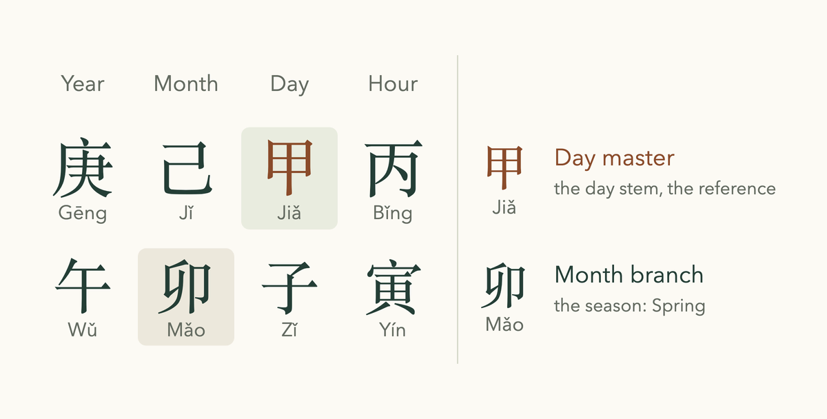 Four pillars with Jia marked as the day stem and Mao marked as the month branch, the two positions a month reading compares
