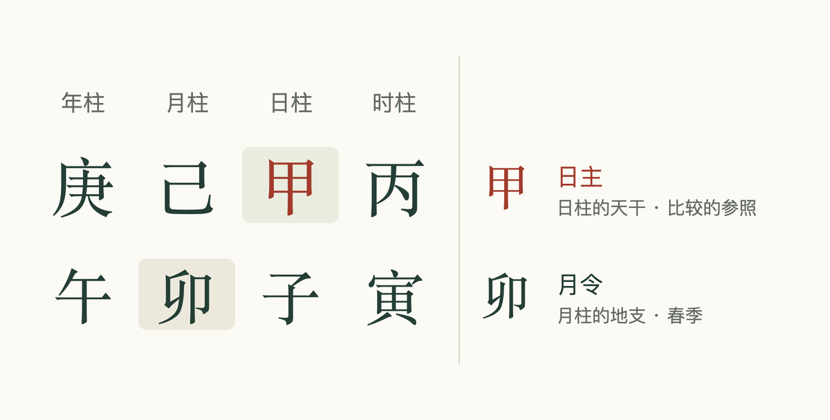 四柱示意:日柱天干甲是日主,月柱地支卯就是这张盘的月令