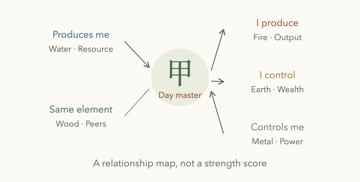Day master element map for Jia Wood: Water and Metal point in, Fire and Earth point out, Wood sits alongside