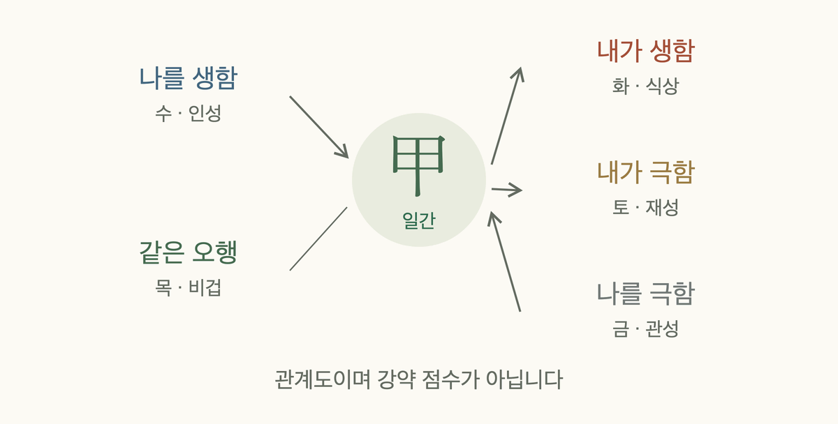 일간 오행 관계도: 갑목을 기준으로 수생목, 목생화, 목극토, 금극목, 목은 나와 같은 오행