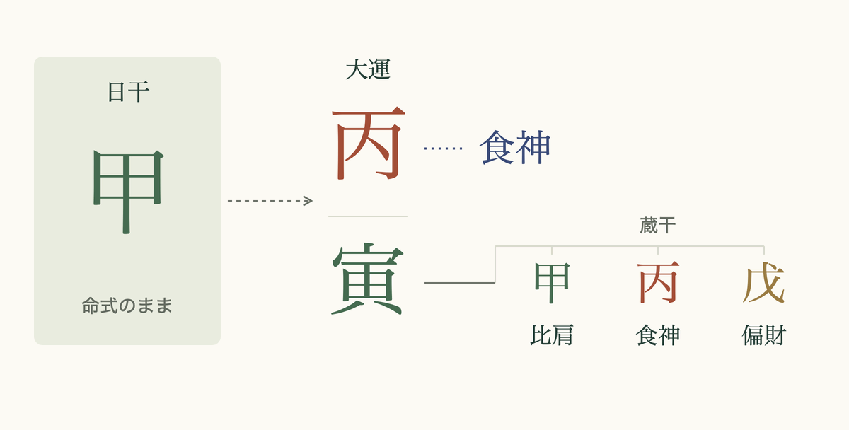 日干の甲と大運の丙寅。丙は食神、寅の蔵干は甲・丙・戊