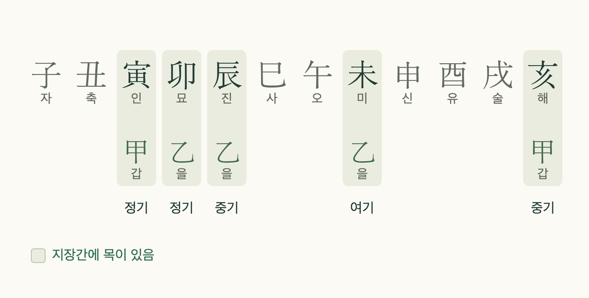 열두 지지 중 인·묘·진·미·해에 목 천간이 있음을 자리와 함께 표시