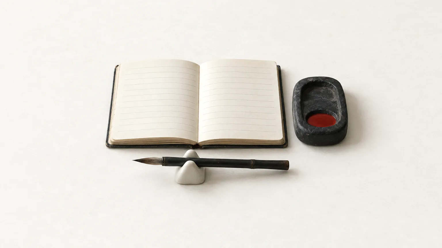An open blank notebook, a brush on a porcelain rest and an ink stone holding a little red ink