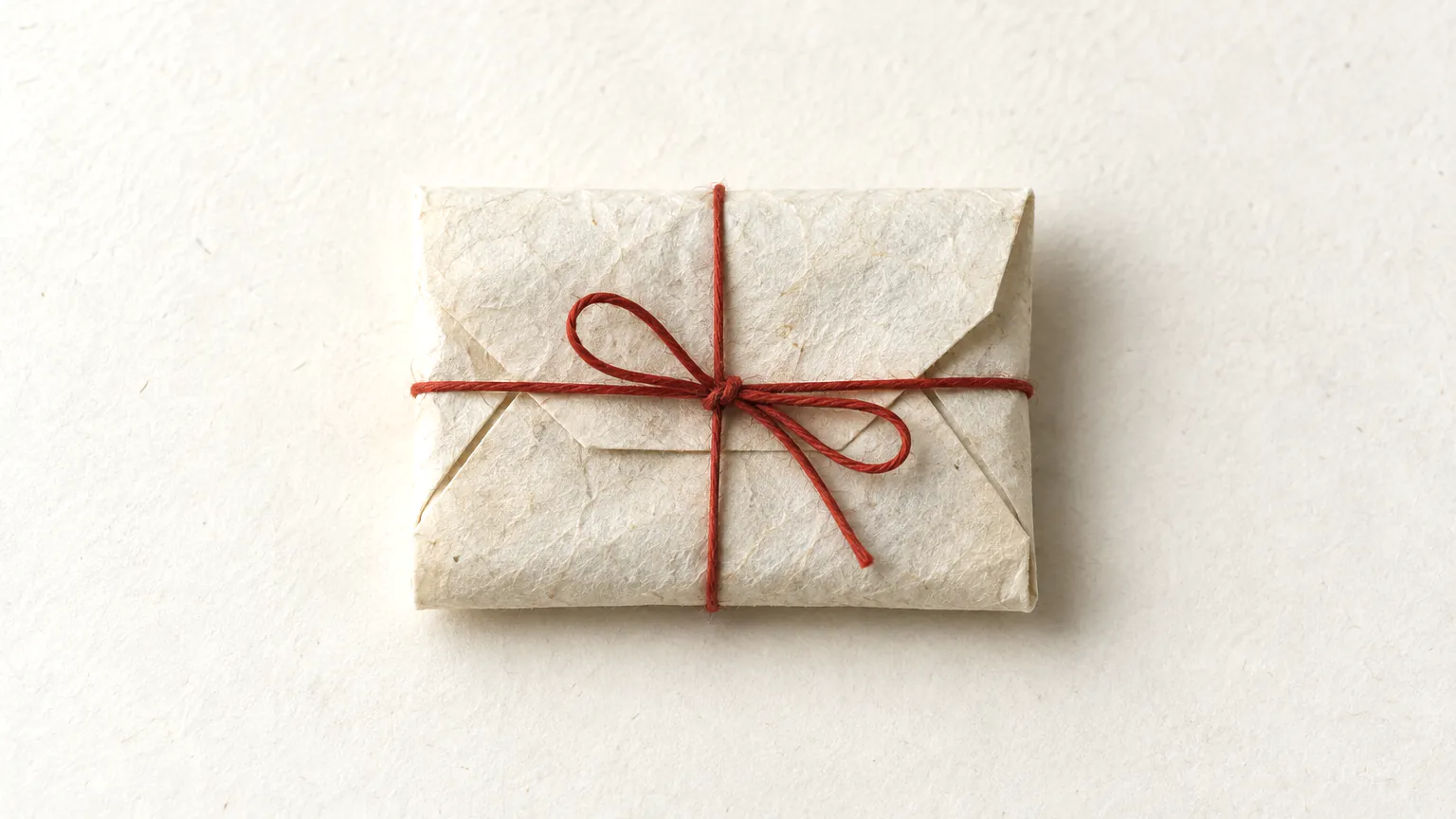 A small folded paper packet tied with a thin red thread, resting on warm handmade paper