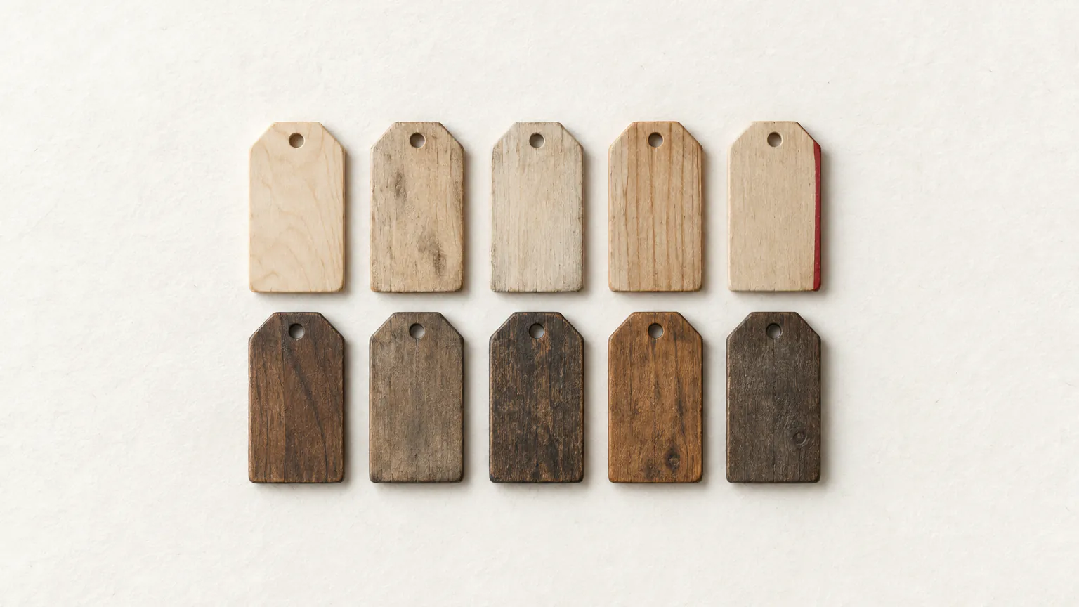 Ten small blank wooden tags in two rows of five, pale wood above and dark wood below, one tag with a thin cinnabar edge