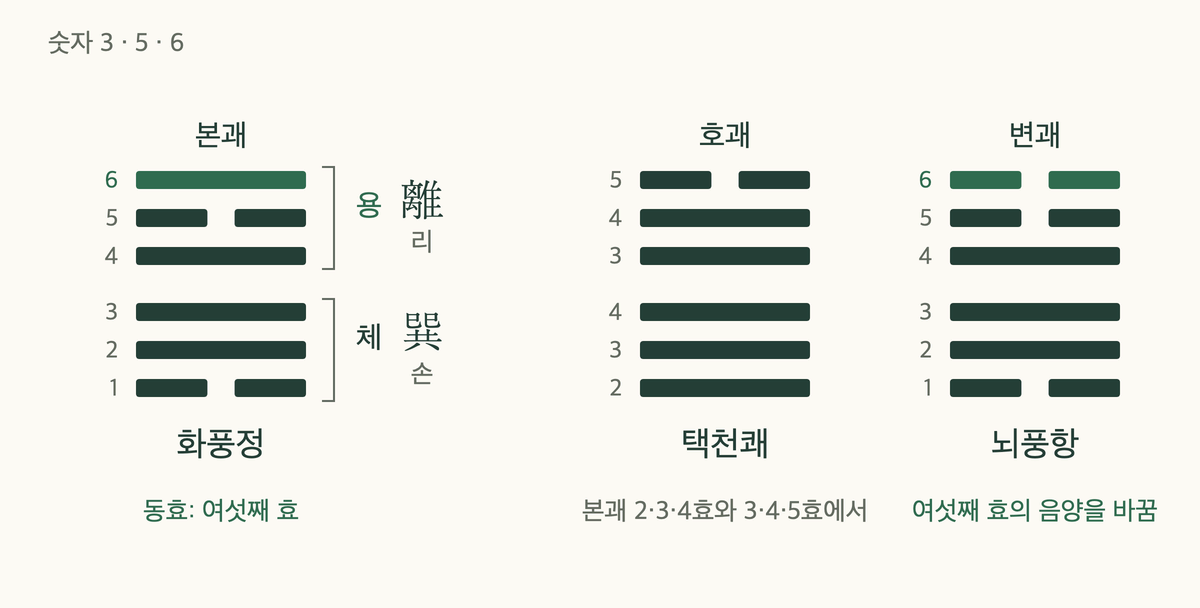 매화역수 괘 세우는 법대로 3, 5, 6으로 얻은 본괘 화풍정, 호괘 택천쾌, 변괘 뇌풍항, 동효와 체용