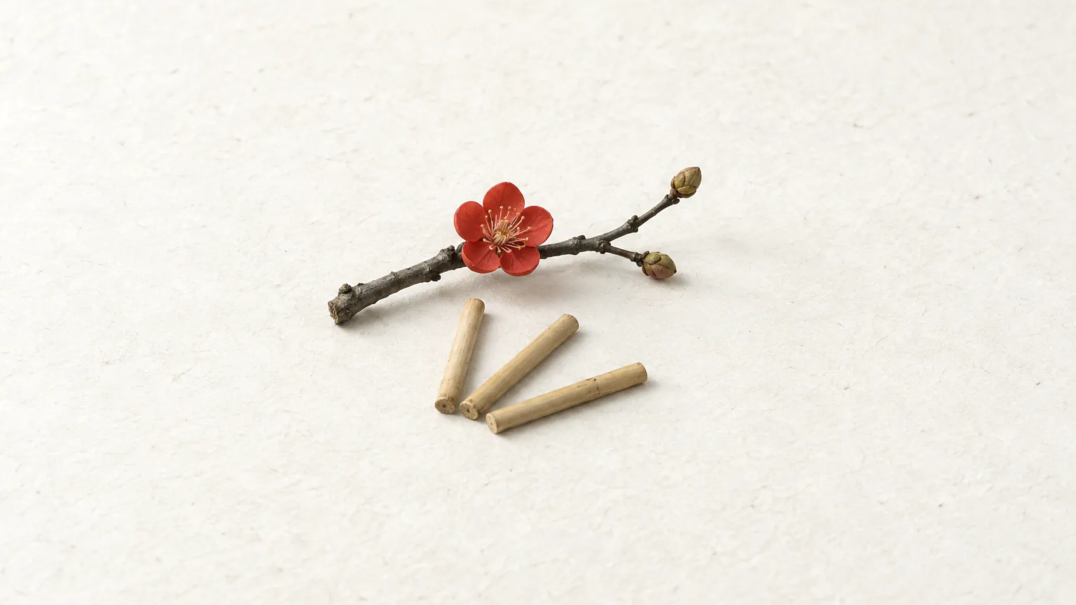 A plum blossom twig with one open flower beside three plain bamboo counting rods