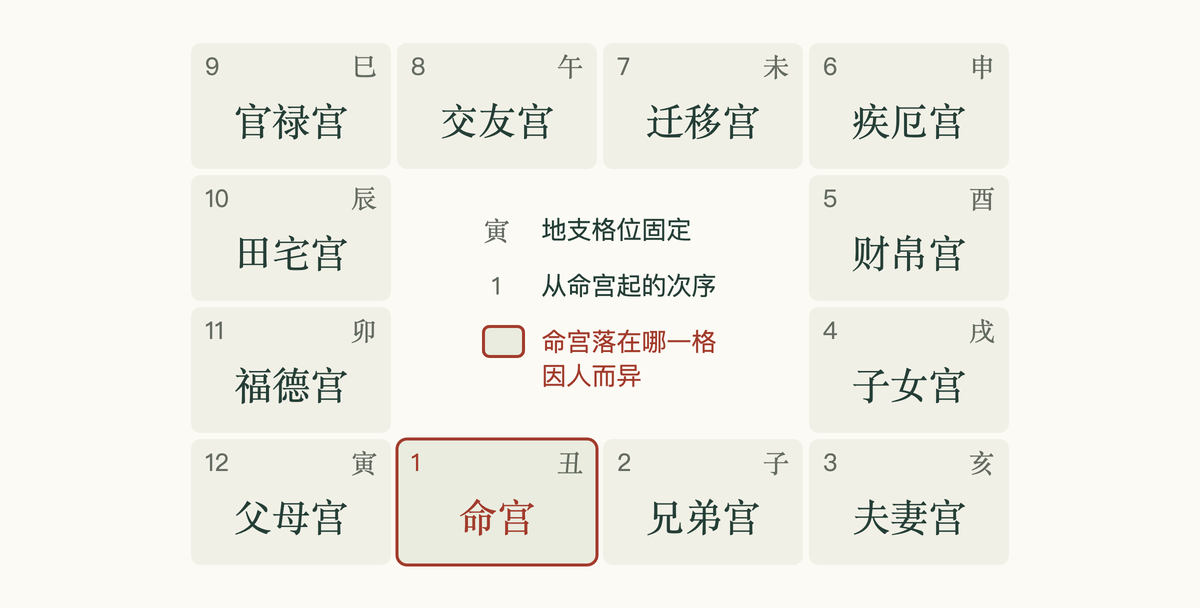 紫微斗数十二宫示意:地支格位固定,从命宫起依次编号